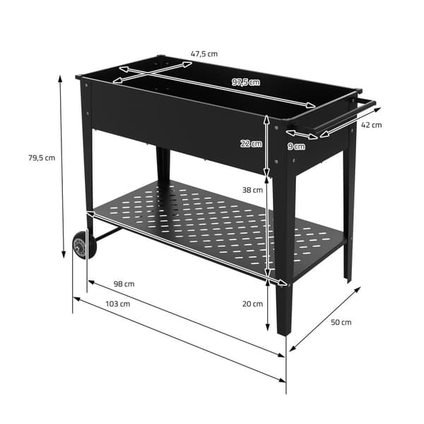 ML-Design 2 kpl metallinen siirrettävä korkeapenkki; 98x50x79;5 cm; musta; liikuteltava istutuslaatikko; pyörillä ja kahvalla; puutarhaan ja