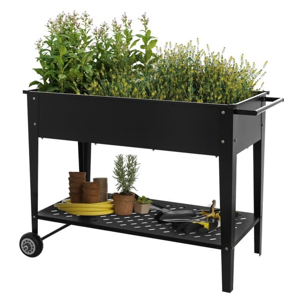 ML-Design 2 kpl metallinen siirrettävä korkeapenkki; 98x50x79;5 cm; musta; liikuteltava istutuslaatikko; pyörillä ja kahvalla; puutarhaan ja