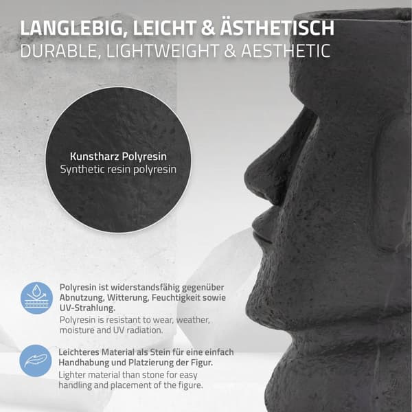 ML-Design Pflanztopf Osterinsel Figur 26x23x43 cm Anthrazit; Harz Moai-Kopf Skulptur; Innen- und Außenstatue; massiv; Pflanzgefäß Blumentopf Übertopf