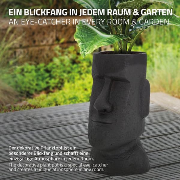 ML-Design Pflanztopf Osterinsel Figur 26x23x43 cm Anthrazit; Harz Moai-Kopf Skulptur; Innen- und Außenstatue; massiv; Pflanzgefäß Blumentopf Übertopf