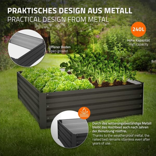 ML-Design Höjdbädd i metall för trädgården; 90x90x30 cm; 240 liter; antracit; väderbeständig; rostfri; utomhus; planteringsbädd; blomlåda;