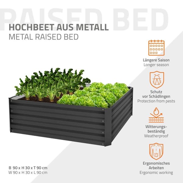 ML-Design Höjdbädd i metall för trädgården; 90x90x30 cm; 240 liter; antracit; väderbeständig; rostfri; utomhus; planteringsbädd; blomlåda;
