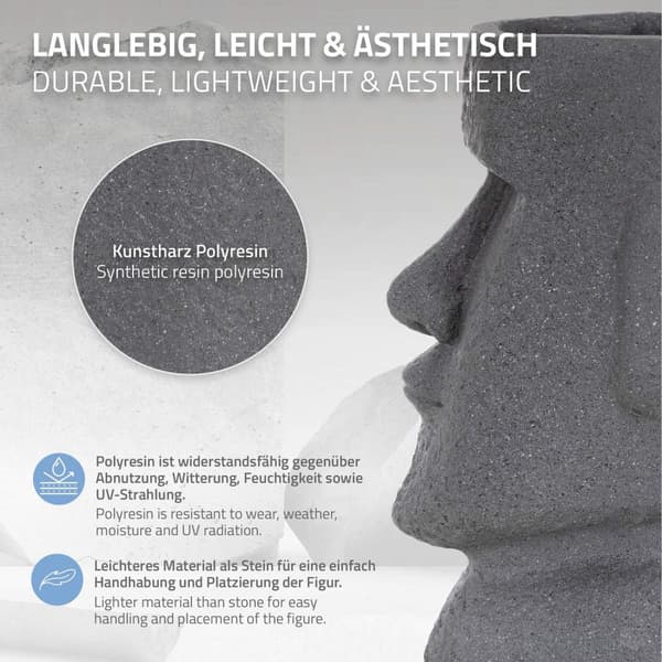 ML-Design Pflanztopf Osterinsel Figur 26x23x43 cm Grau; Harz Moai-Kopf Skulptur; Innen- und Außenstatue; massiv; Pflanzgefäß Blumentopf Übertopf