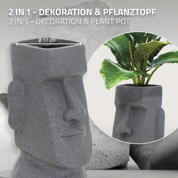 ML-Design Pflanztopf Osterinsel Figur 26x23x43 cm Grau; Harz Moai-Kopf Skulptur; Innen- und Außenstatue; massiv; Pflanzgefäß Blumentopf Übertopf