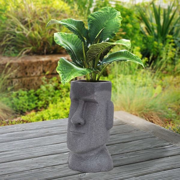 ML-Design Pflanztopf Osterinsel Figur 26x23x43 cm Grau; Harz Moai-Kopf Skulptur; Innen- und Außenstatue; massiv; Pflanzgefäß Blumentopf Übertopf