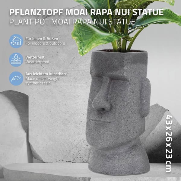 ML-Design Pflanztopf Osterinsel Figur 26x23x43 cm Grau; Harz Moai-Kopf Skulptur; Innen- und Außenstatue; massiv; Pflanzgefäß Blumentopf Übertopf