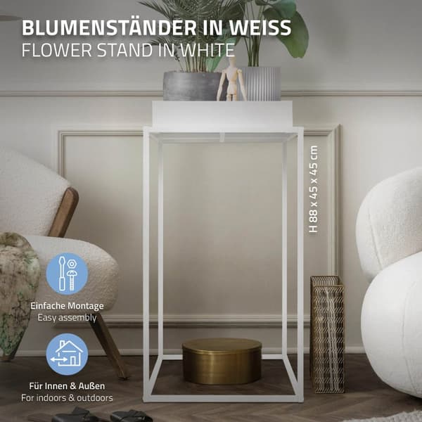 ML-Design Växtställning Vit av Metall; 45x45x80 cm; kvadratisk; stapelbar; Hylla med hög kant; Blomställning med avtagbar bricka; Inomhus/Utomhus;