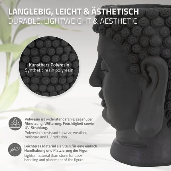 ML-Design Pflanztopf Buddha Figur Kopf 23x23x44 cm; Anthrazit; Harz; Innen- und Außenstatue; massiv; Groß Büste Skulptur; Pflanzgefäß Blumentopf