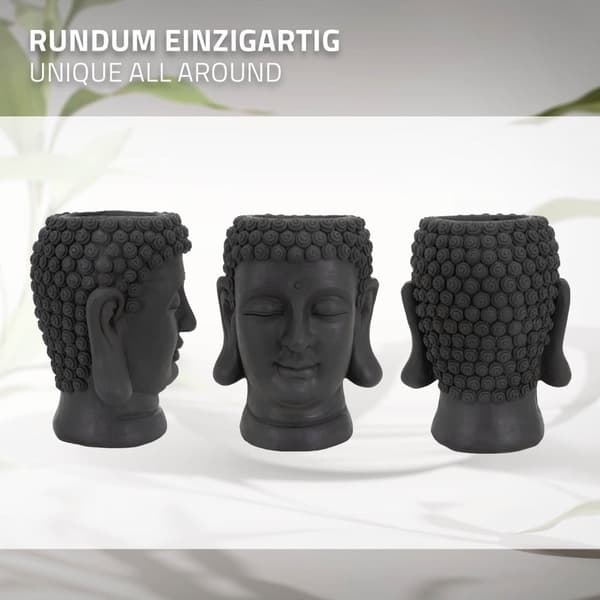 ML-Design Pflanztopf Buddha Figur Kopf 23x23x44 cm; Anthrazit; Harz; Innen- und Außenstatue; massiv; Groß Büste Skulptur; Pflanzgefäß Blumentopf