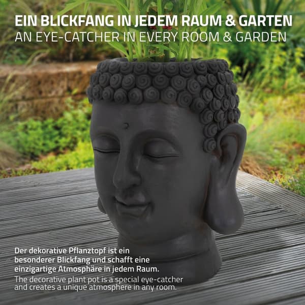 ML-Design Pflanztopf Buddha Figur Kopf 23x23x44 cm; Anthrazit; Harz; Innen- und Außenstatue; massiv; Groß Büste Skulptur; Pflanzgefäß Blumentopf