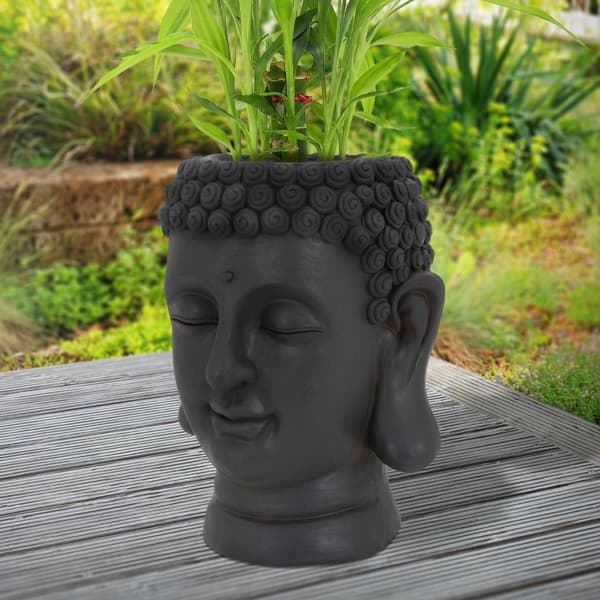 ML-Design Pflanztopf Buddha Figur Kopf 23x23x44 cm; Anthrazit; Harz; Innen- und Außenstatue; massiv; Groß Büste Skulptur; Pflanzgefäß Blumentopf