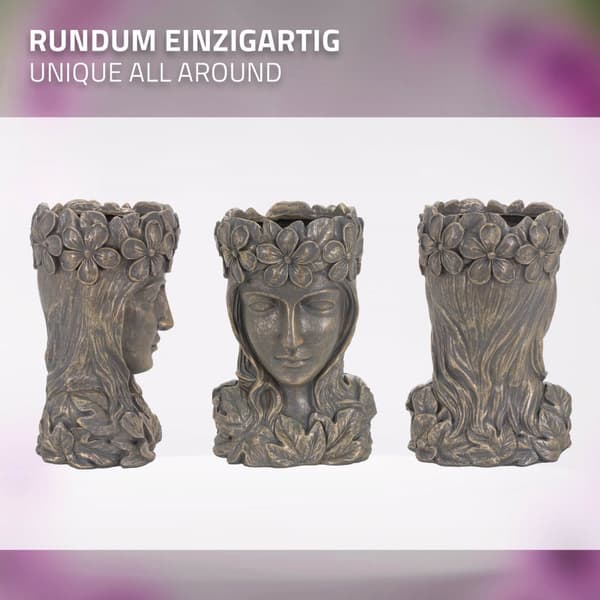 ML-Design Pflanztopf Frauenkopf Figur 21x16x32 cm Bronze Kunstharz; Innen/Außen; Groß Büste Skulptur; Weiblich Mädchen Statue Dame Gesicht