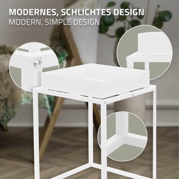ML-Design Kasviteline Valkoinen metallista; 35x35x46 cm; neliönmuotoinen; pinottava; korkeareunainen hylly; kukkateline irrotettavalla tarjottimella;