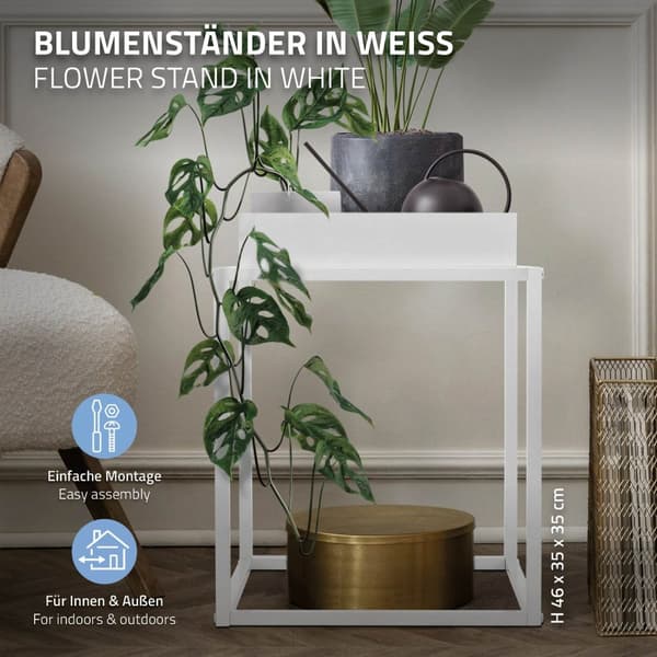 ML-Design Kasviteline Valkoinen metallista; 35x35x46 cm; neliönmuotoinen; pinottava; korkeareunainen hylly; kukkateline irrotettavalla tarjottimella;