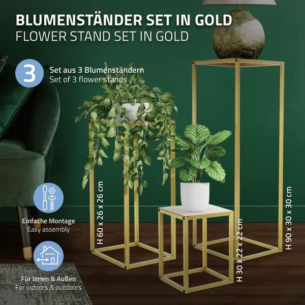ML-Design Blomsterstativ 3-delt sæt i guld; 22x22x30/26x26x60/30x30x90 cm; dekorativ blomsterhocker; blomstersøjle; søjlebord; plantestativ;