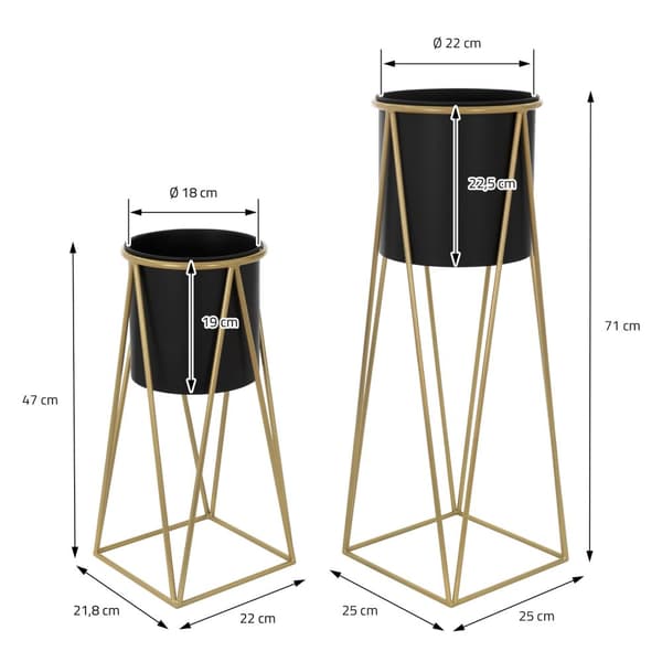 Sæt med 2 blomsterstativer 21,8x22x47 / 25x25x71 cm sort/guld lavet af stål ML-Design
