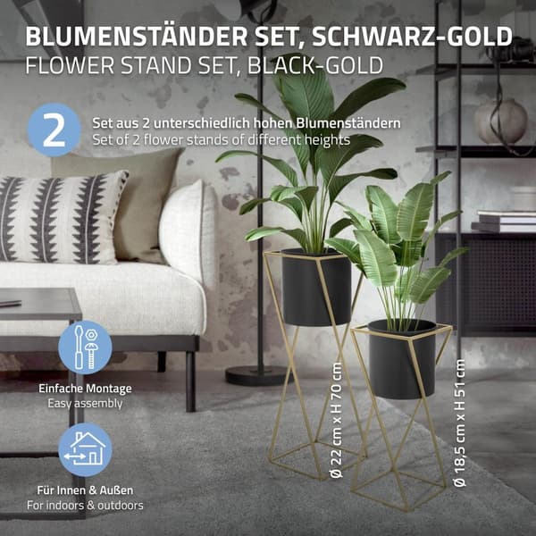 Sæt med 3 blomsterstativer med sort/guld stålplanter ML-design