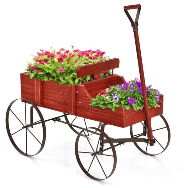 Blomsterstativ trevogn plantevogn blomstervogn med metall 62 x 34 x 60 cm rød