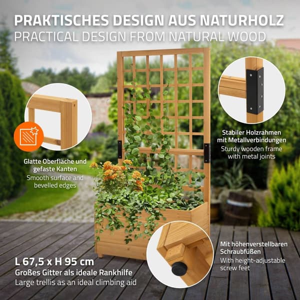 ML-Design plantekasse med espalier, 67,5×139×36,5 cm, brun, plantekasse med espalier, havespalier i massivt træ til klatreplanter, blomsterkasse