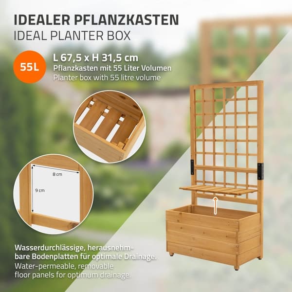 ML-Design plantekasse med espalier, 67,5×139×36,5 cm, brun, plantekasse med espalier, havespalier i massivt træ til klatreplanter, blomsterkasse