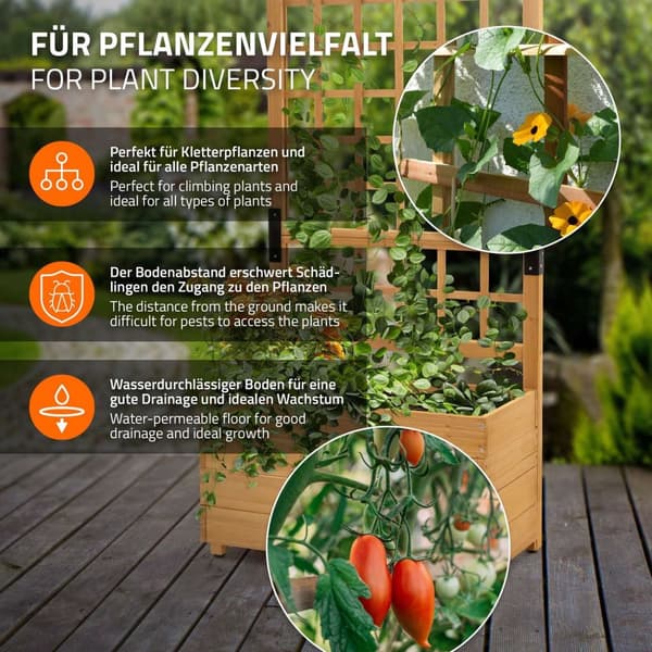 ML-Design plantekasse med espalier, 67,5×139×36,5 cm, brun, plantekasse med espalier, havespalier i massivt træ til klatreplanter, blomsterkasse