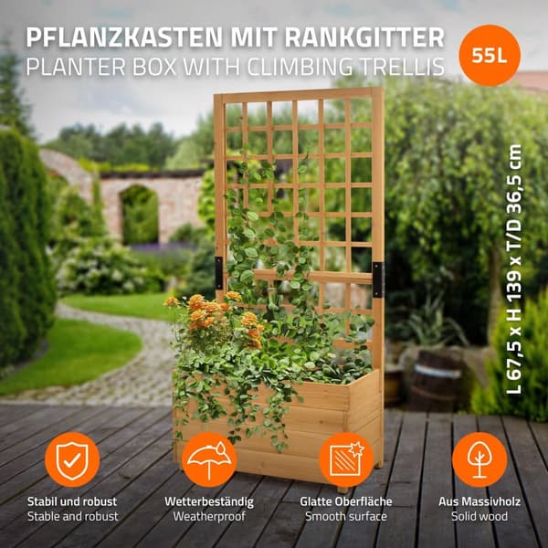 ML-Design plantekasse med espalier, 67,5×139×36,5 cm, brun, plantekasse med espalier, havespalier i massivt træ til klatreplanter, blomsterkasse