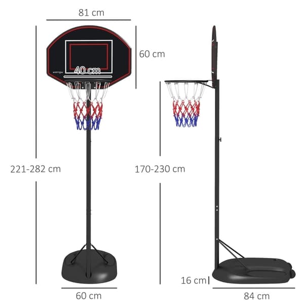 Rootz SPORTNOW basketställ - Justerbar höjdbåge - Kraftig stålram - Mobilt basketsystem - 1,7 m till 2,3 m korghöjd - 83 cm x 2 cm x 60 cm Bakpanel -