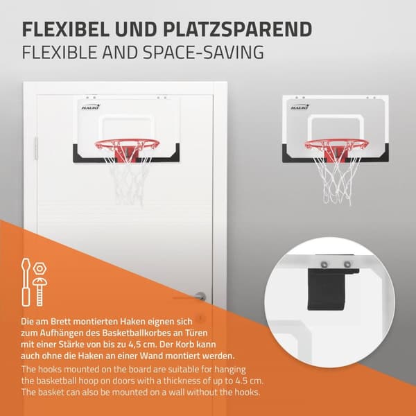 Basketballkurv med 3 bolde 45,5x30,5 cm hvid lavet af nylon og plast
