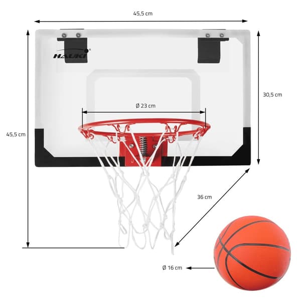 Basketballkurv med 3 bolde 45,5x30,5 cm hvid lavet af nylon og plast