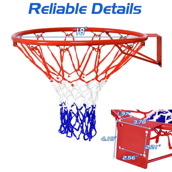Koripallon rengas ja verkko, 22x18x5 tuumaa, sininen, valkoinen ja punainen
