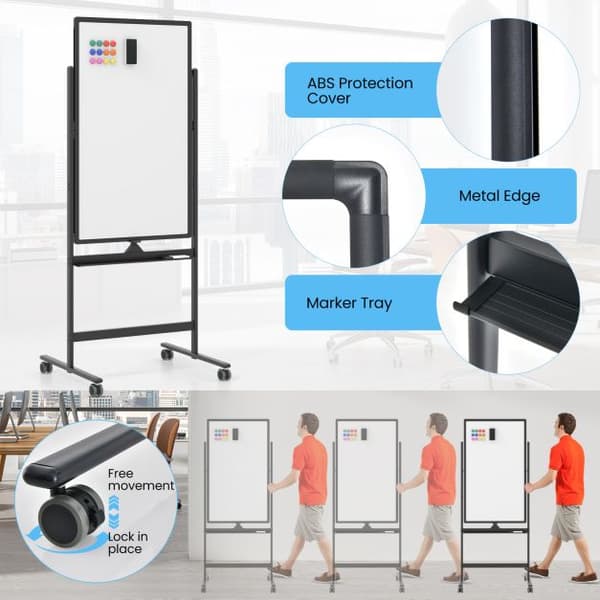 Rullende Whiteboard, Sort-M, 68x56x156/184 cm, Sort/Hvid