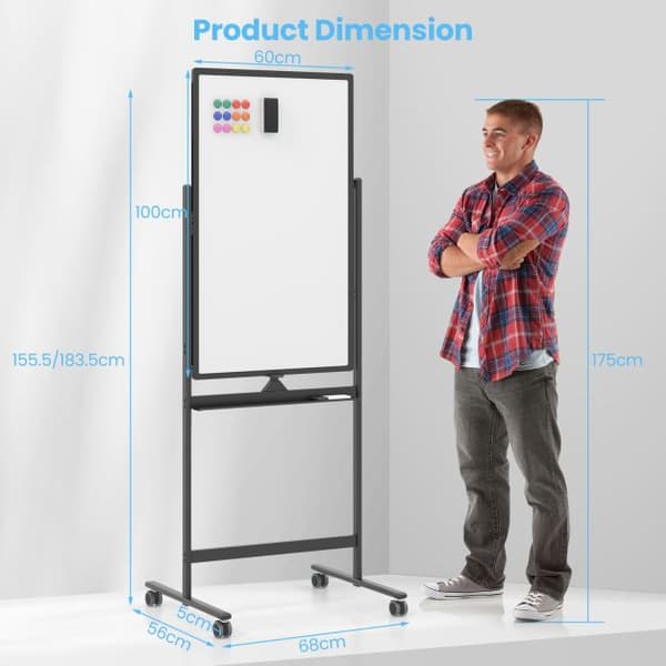 Rullende Whiteboard, Sort-M, 68x56x156/184 cm, Sort/Hvid