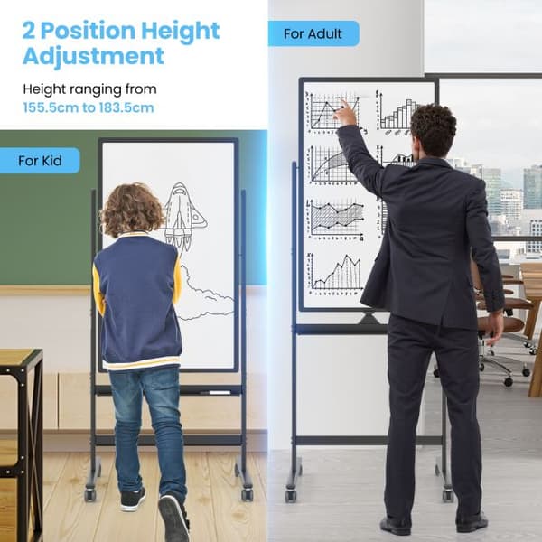 Rullende Whiteboard, Sort-M, 68x56x156/184 cm, Sort/Hvid