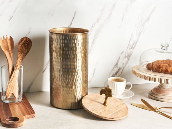 Dekorativ krukke beholder Guld Metal Trælåg malet 31 cm Rund Opbevaring Blomst top Industriel Glamour til Stue
