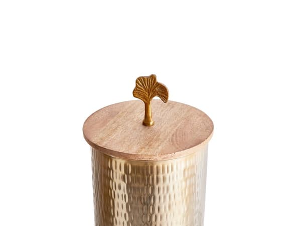 Dekorativ krukke beholder Guld Metal Trælåg malet 31 cm Rund Opbevaring Blomst top Industriel Glamour til Stue