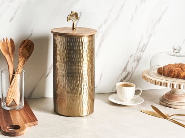 Dekorativ krukke beholder Guld Metal Trælåg malet 31 cm Rund Opbevaring Blomst top Industriel Glamour til Stue