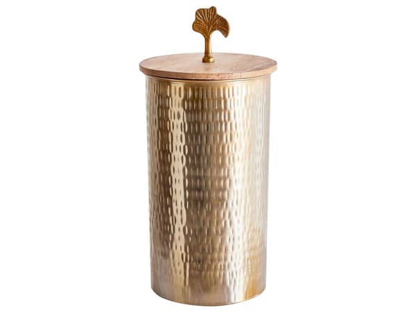 Dekorativ krukke beholder Guld Metal Trælåg malet 31 cm Rund Opbevaring Blomst top Industriel Glamour til Stue