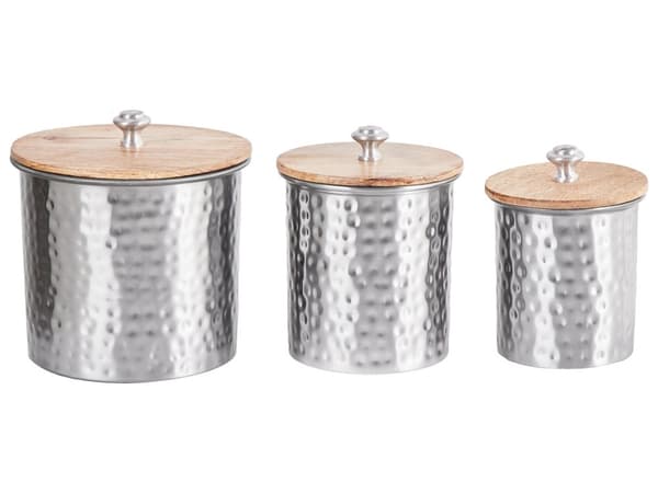 Opbevaringskrukker Mørkt Mangotræ og Sølv Aluminium ø 17 / 13 / 11 cm Rund Håndlavet med Låg Køkken Indretning Høj Kvalitet Dekor Industriel