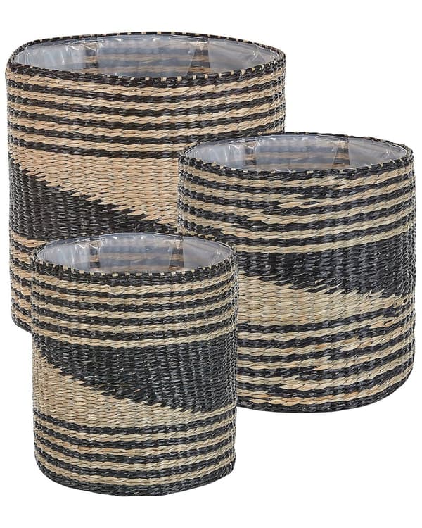 Set av 3 Blomkorgar Naturlig Sjögräs Blomkrukor med Fodring Inomhusbruk Boho Stil