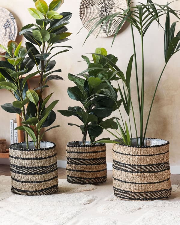 Set med 3 Blomkorgar Naturlig Sjögräs Blomkrukor med Fodring Inomhusbruk
