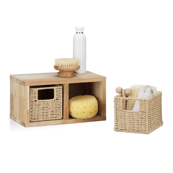 Relaxdays Etagere 2 kuber förvaringskorg avtagbar korg i valnötsträ hall, sovrum, kök väggmontering, natur