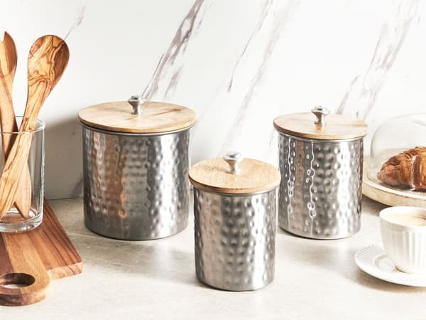 Sett med 3 beholdere Sølv Tre Aluminium ø 17 / 13 / 11 cm Krukker med lokk Rund form Oppbevaring Dekorativt tilbehør Industriell stil