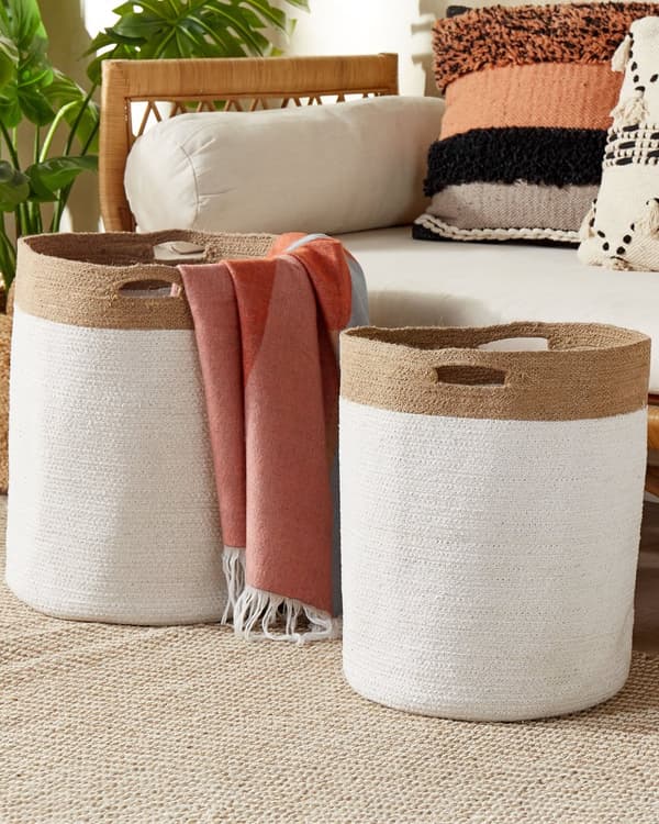 Set med 2 Bomull Förvaringskorgar Tvättkorgar Vit och Ljusbeige