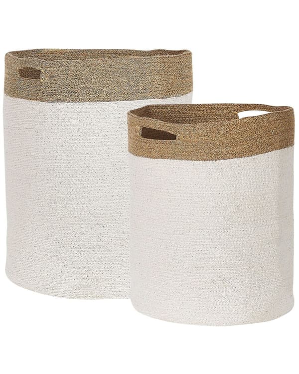 Set med 2 Bomull Förvaringskorgar Tvättkorgar Vit och Ljusbeige