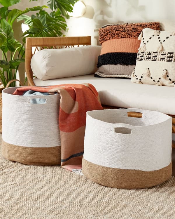 Set med 2 Bomull Förvaringskorgar Tvättkorgar Vit och Ljusbeige