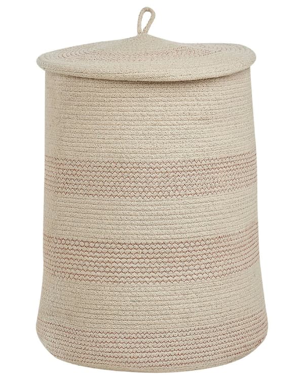 Opbevaringskurv Lys beige og pink bomuldsstribet med låg Vasketøjsbeholder Boho Dekorationstilbehør