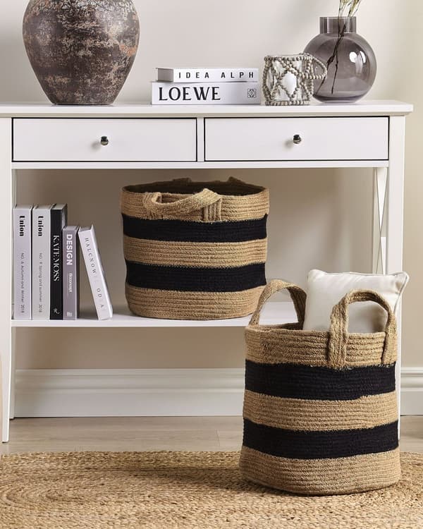 Sæt med 2 Opbevaringskurve Beige og Sort Jute Stribet Mønster Vaskebeholdere Boho Dekorationstilbehør