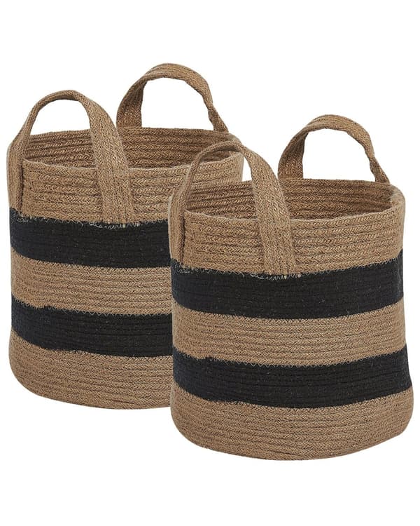 Sæt med 2 Opbevaringskurve Beige og Sort Jute Stribet Mønster Vaskebeholdere Boho Dekorationstilbehør