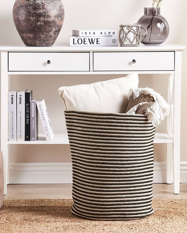 Kori beige musta 41 x 51 x 41 cm puuvilla pyöreä raidallinen konepestävä boho