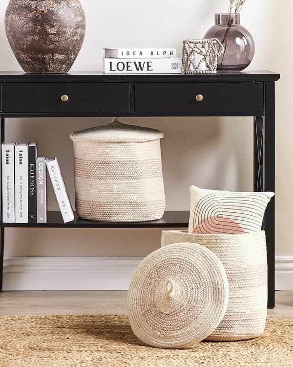 Sett med 2 Kurver Beige Rosa Bomull Stripete med lokk Vaskebokser Boho Tilbehør